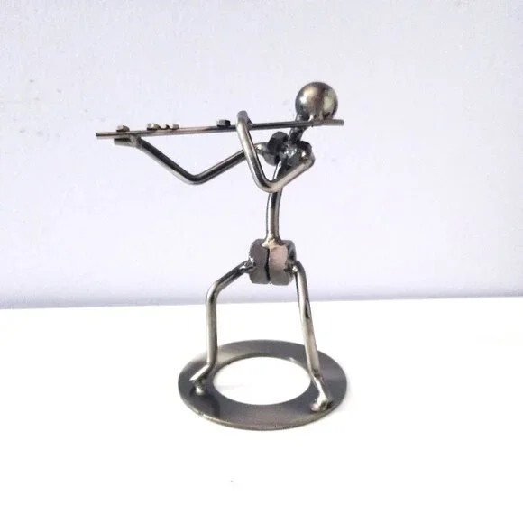 Flute Player Figurine - Metallic, Nuts & Bolts Design - Picture 1 of 8